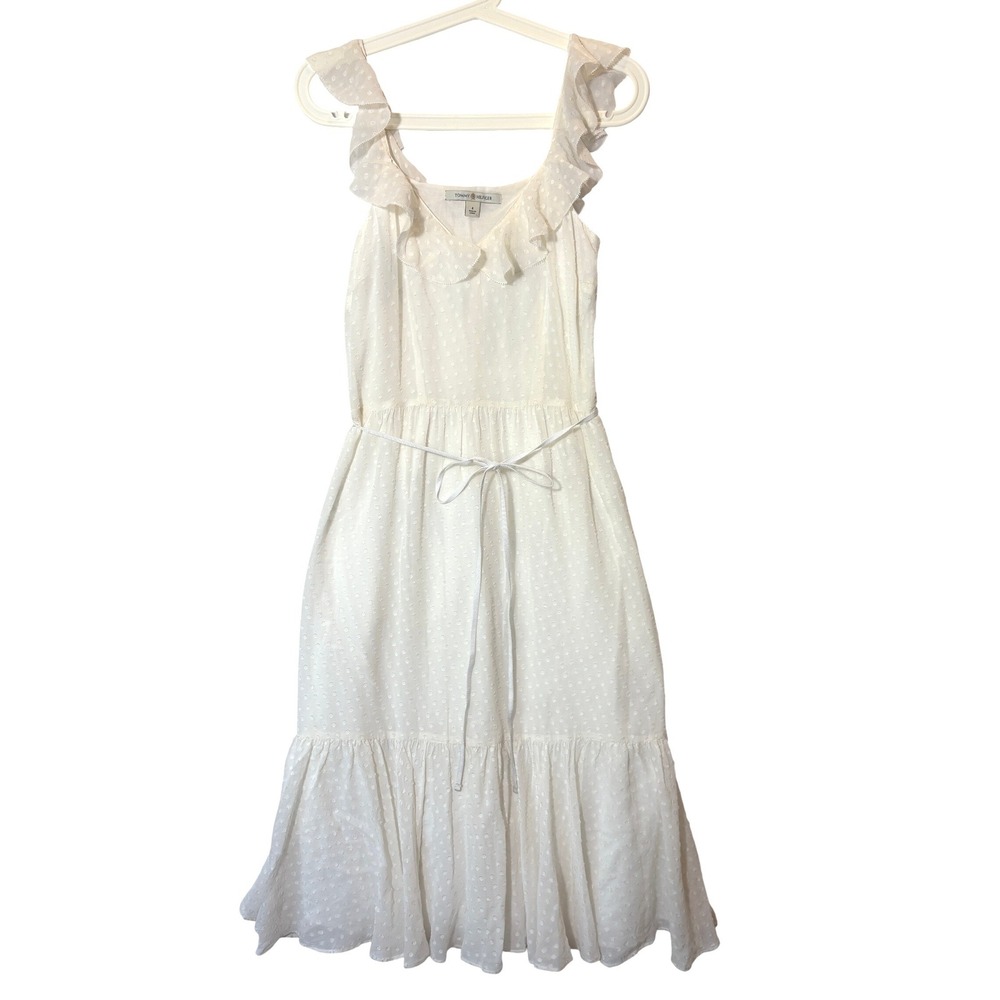 Tommy Hilfiger Silk Clip Dot Ruffle Midi Dress White Sleeveless Tiered‎ Size 4
